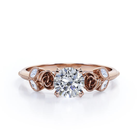 Double roses 1.15 carat Round cut Moissanite and marquise diamonds 4 prong engagement ring in Rose gold