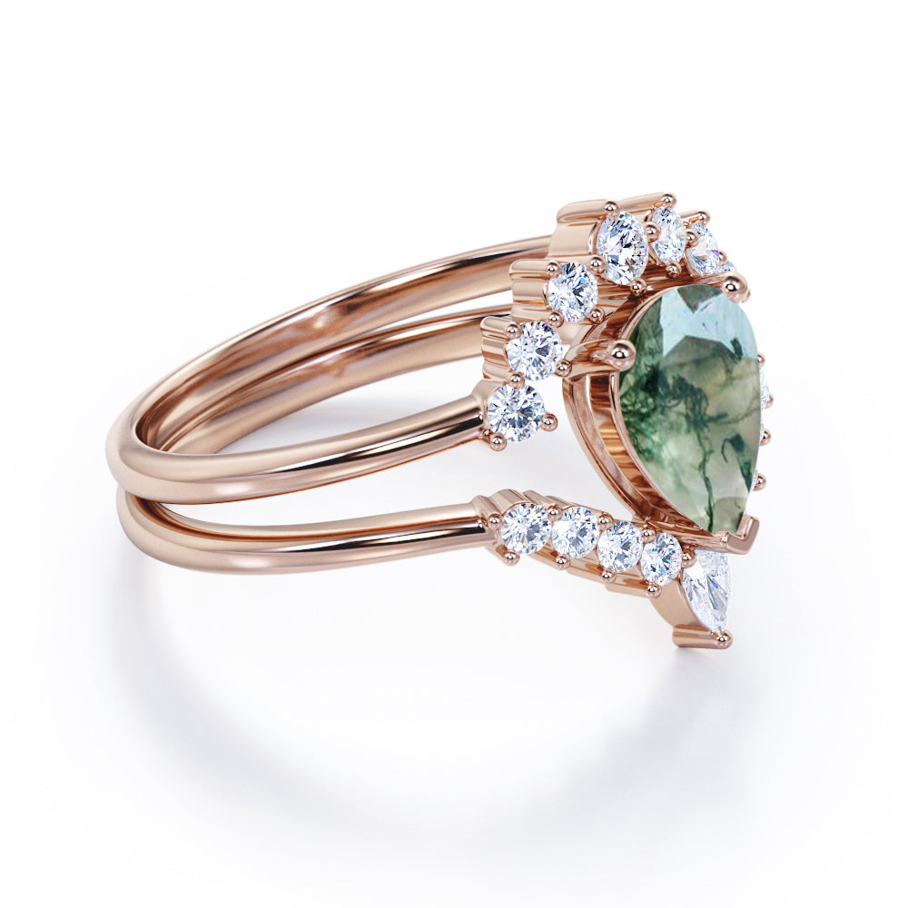 Vintage Crown inspired 1.25 carat Pear cut Moss Green Agate and diamond art deco Bridal set for women in Rose gold