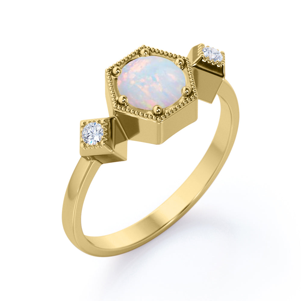 Triple stone 1.10 carat Round cut Ethiopian Opal and diamond 6 prong engagement ring in yellow gold