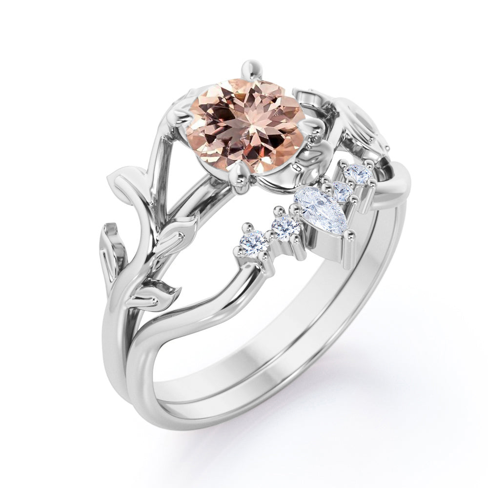 Chevron Tiara 1.1 carat Round cut Peach Morganite and diamond nature inspired wedding ring set for women in White gold