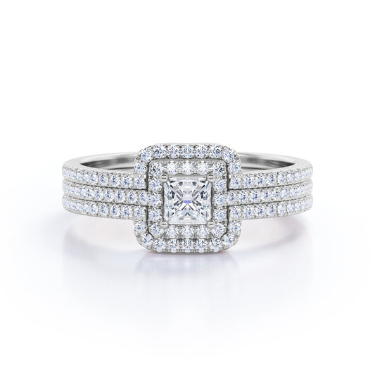 Artistic halo 1.5 carat Princess cut Moissanite and diamond trio wedding ring set for women in White gold