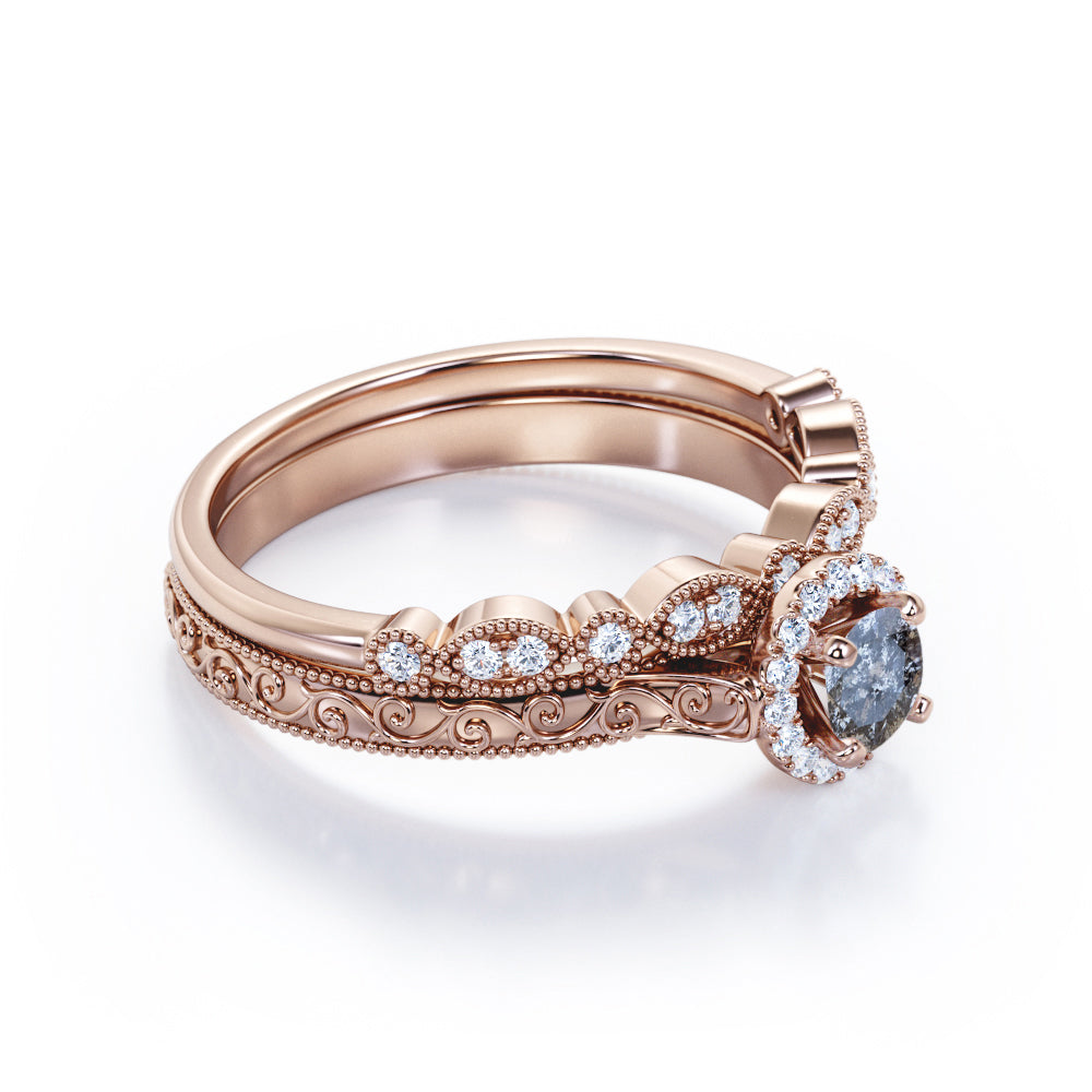 Authentic Filigree 0.75 carat Round cut Salt and pepper diamond and White diamond halo style wedding ring set in Rose gold