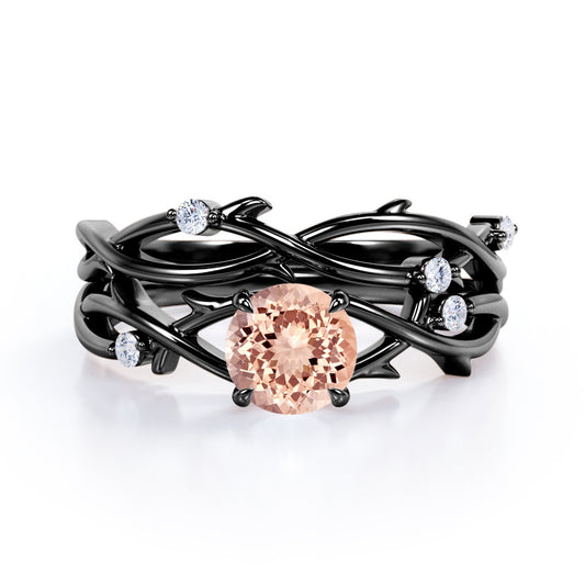 Twig and Vine inspired 1.1 carat Round cut Morganite and diamond earthy wedding ring set in Black gold