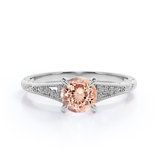 Filigree Split Shank 1 carat Round cut Pink Morganite nature inspired engagement ring in White gold