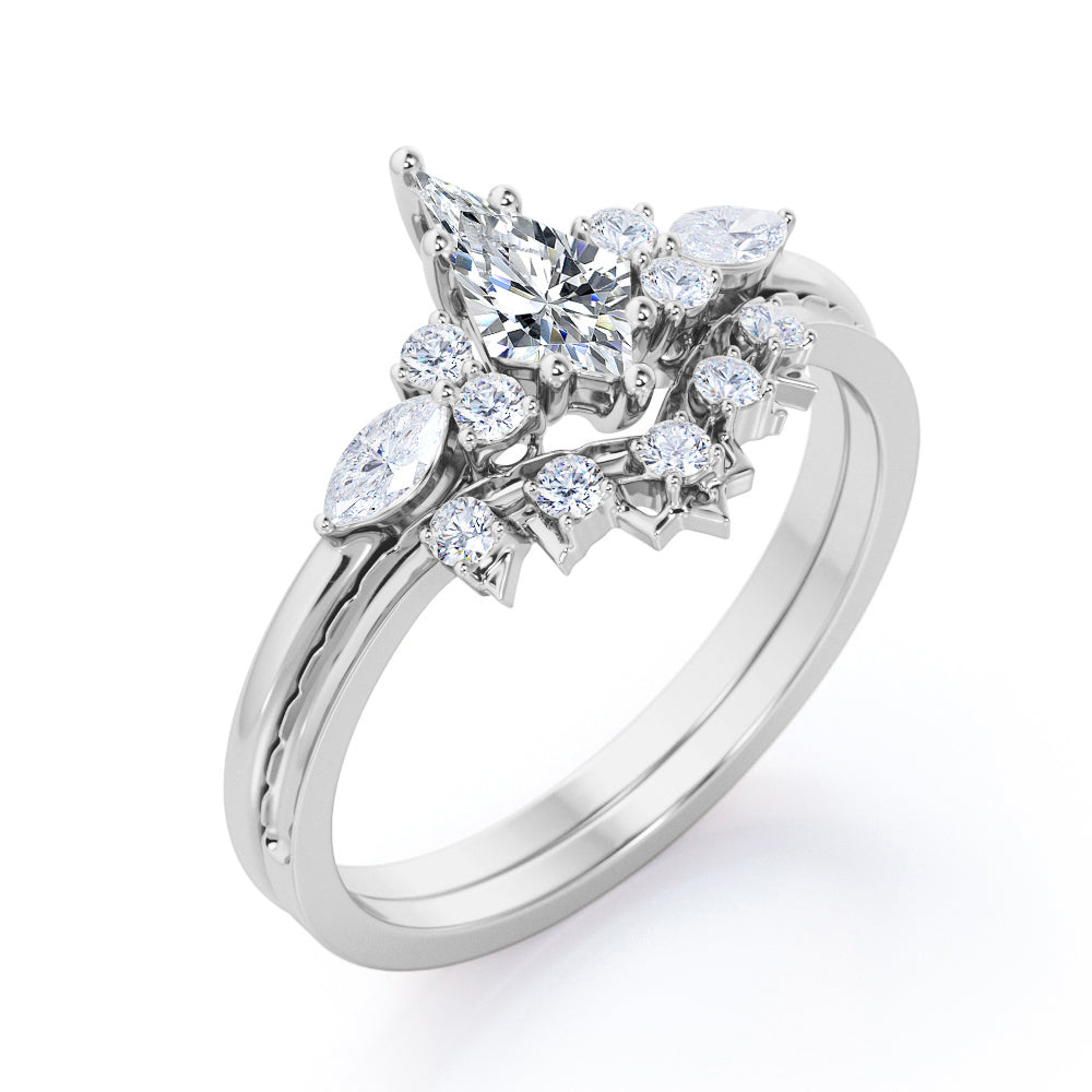 Vintage Royal inspired 1.35 carat Kite shaped Moissanite and diamond art deco wedding ring set in White gold
