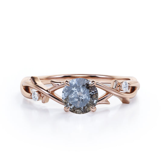 Earthy Twig 0.5 carat Round cut Salt and pepper diamond solitaire engagement ring in Rose gold