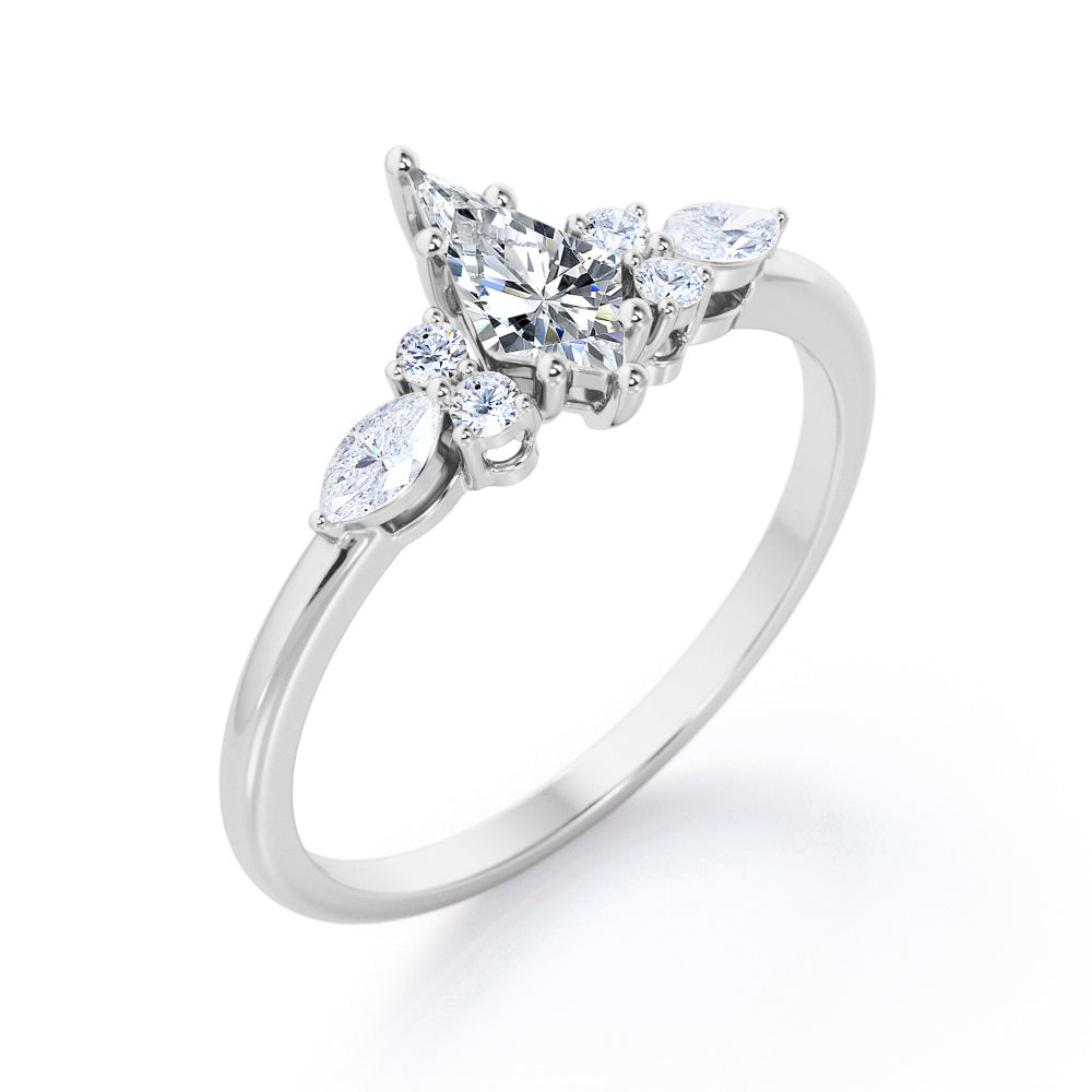 Classic seven stone 1.15 carat Kite shaped Moissanite and diamonds 6 prong setting engagement ring in White gold