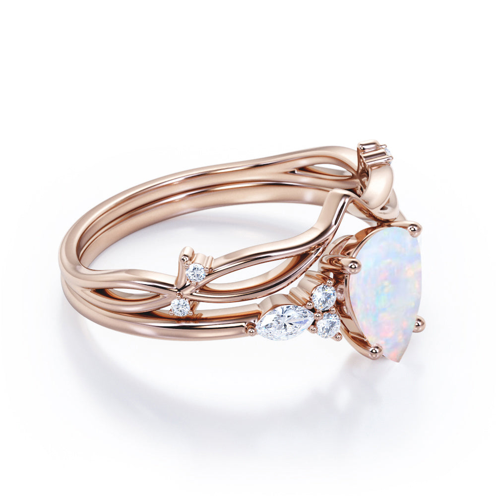 Vintage art deco 1.3 carat Pear shaped Australian Opal and diamond-split shank-contoured wedding ring set for women in White gold