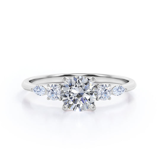 Basket setting 1.15 carat Round shaped Moissanite and diamond 5 stone engagement ring in White gold