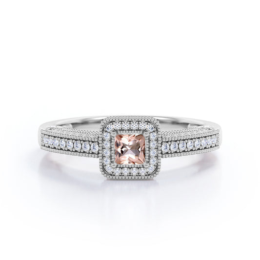Vintage Beaded 1 carat Princess cut Morganite and diamond engagement ring for women in White gold