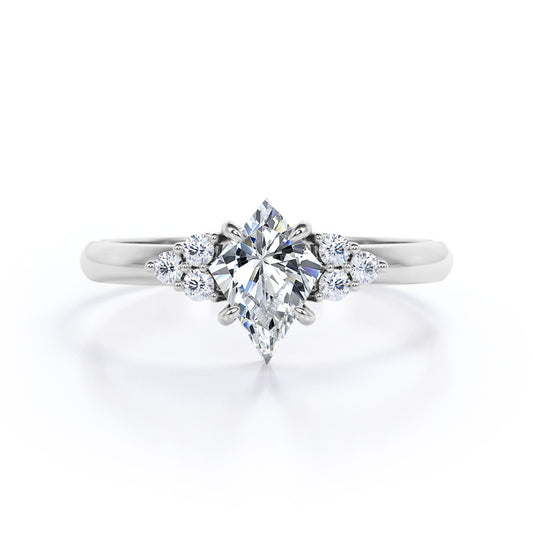 Unique Claw prong 1 carat Kite shaped Moissanite and diamond vintage style engagement ring in White gold