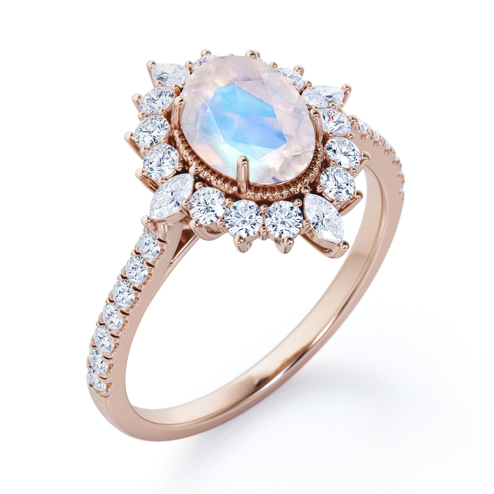 Huge Clustered Halo 1.5 carat Oval cut Moonstone and diamond Beaded eternity engagement ring in Rose gold