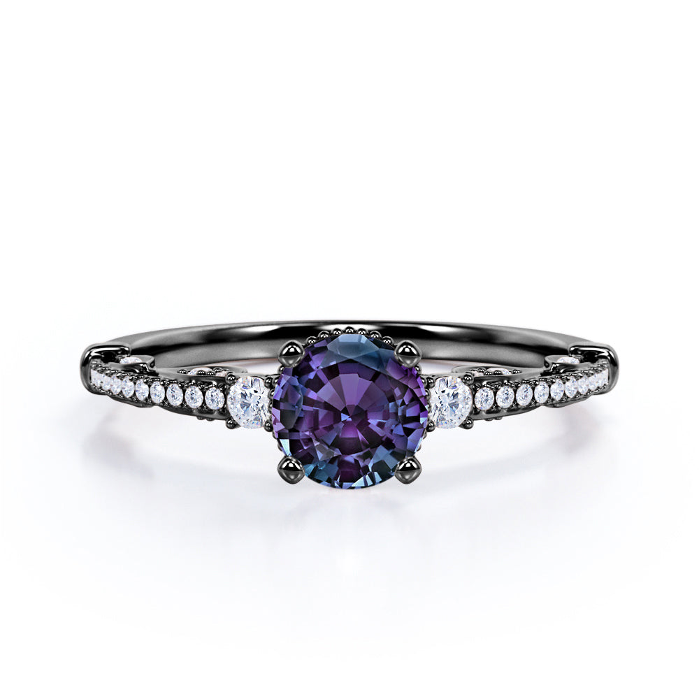 Authentic Scrollwork 1.35 carat Round cut Lab made Alexandrite and diamond eternity engagement ring in Black gold