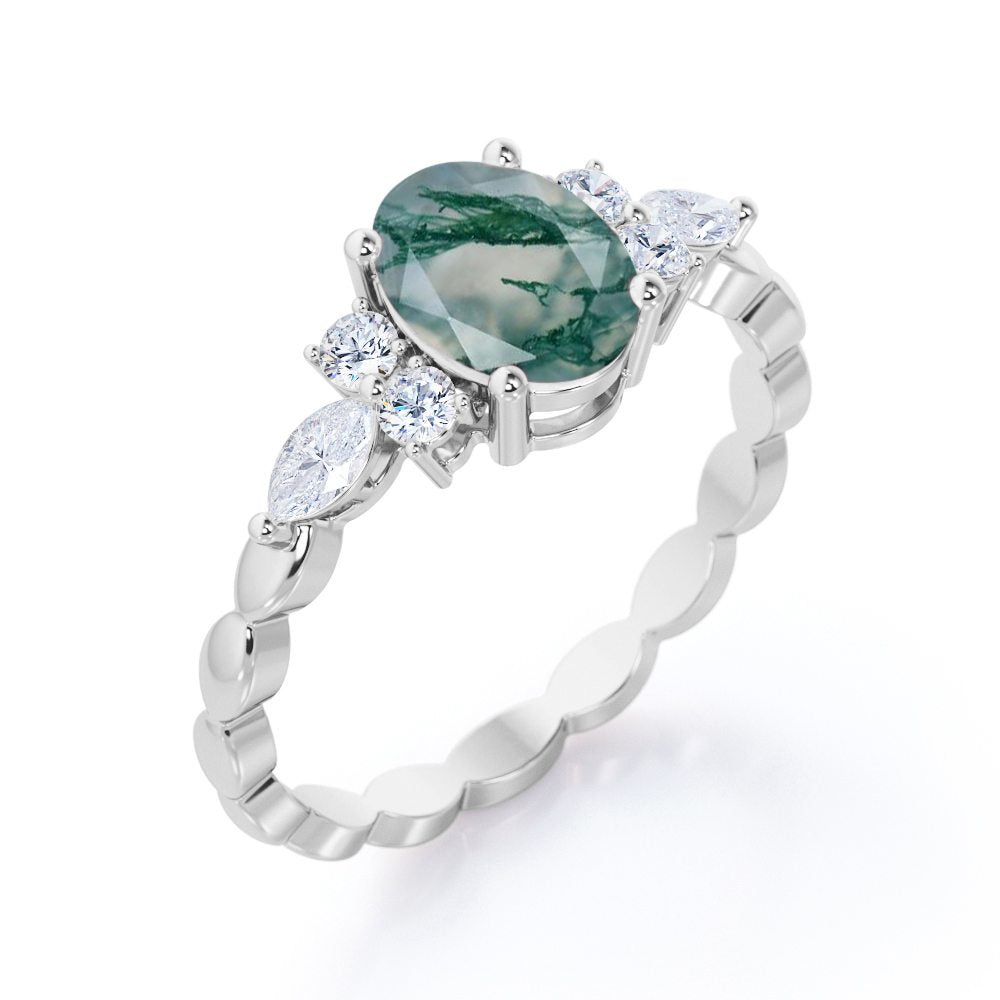 Marquise Twisted Rope design 1.15 carat Oval cut Moss Green Agate and diamond engagement ring in White gold