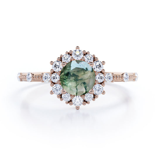 Engraved Vintage 1.25 carat Round cut Moss Green Agate and diamond Edwardian art deco engagement ring in Rose gold