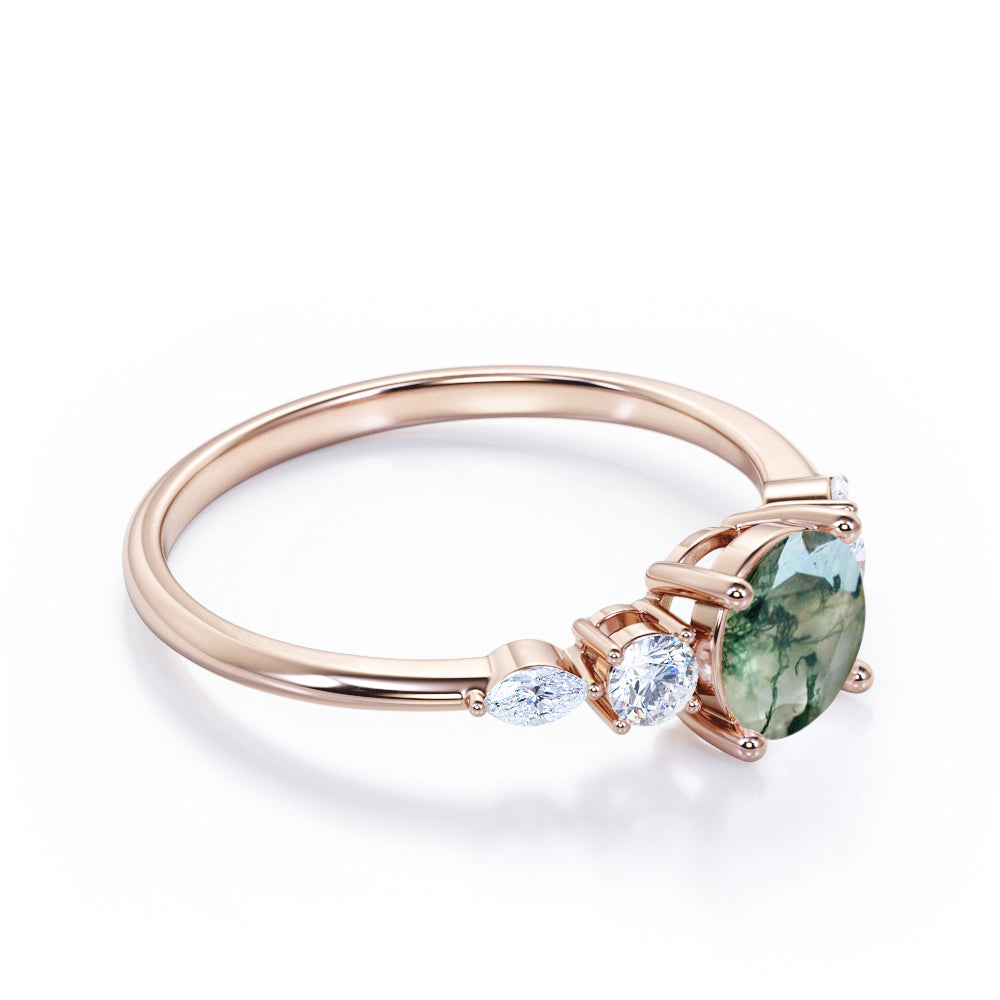 Artistic Prong basket 1.1 carat Round cut Moss Green Agate and diamond 5 stone engagement ring in Rose gold