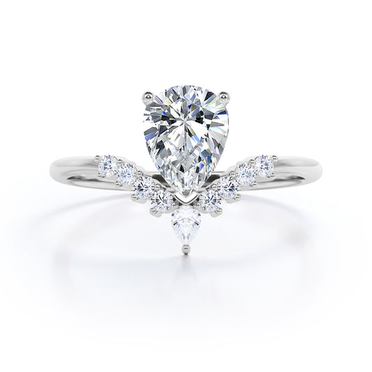 Antique V-shaped 1.15 carat Pear cut Moissanite and diamond engagement ring in White gold