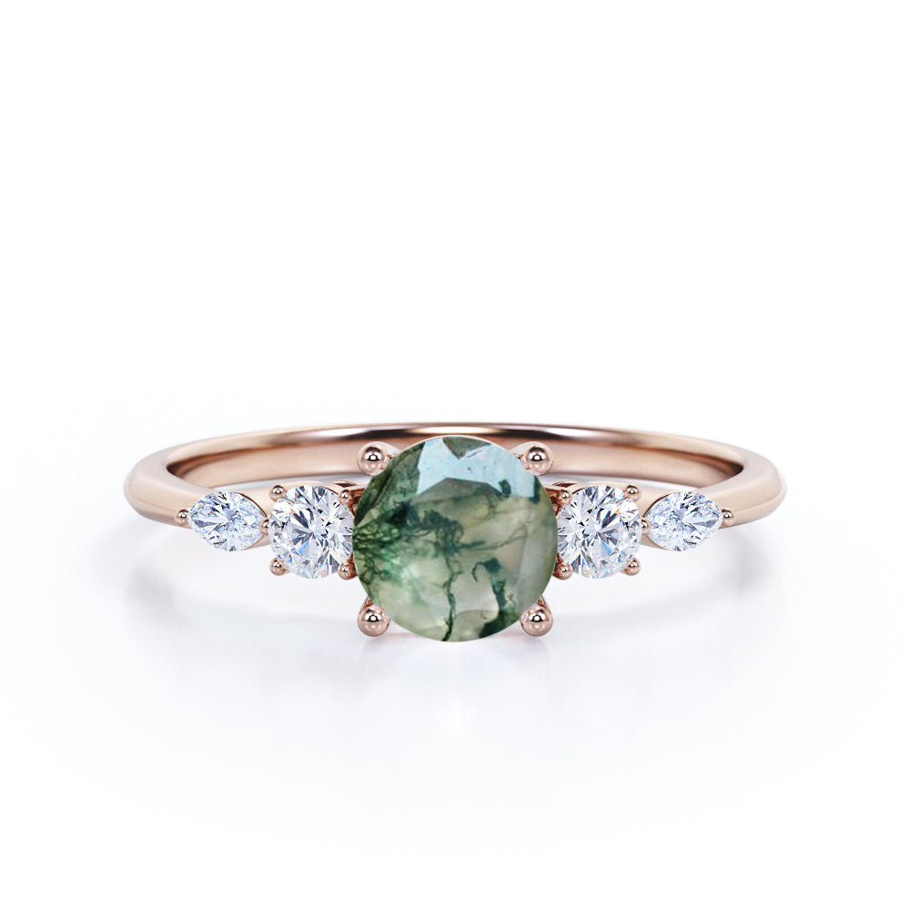 Artistic Prong basket 1.1 carat Round cut Moss Green Agate and diamond 5 stone engagement ring in Rose gold