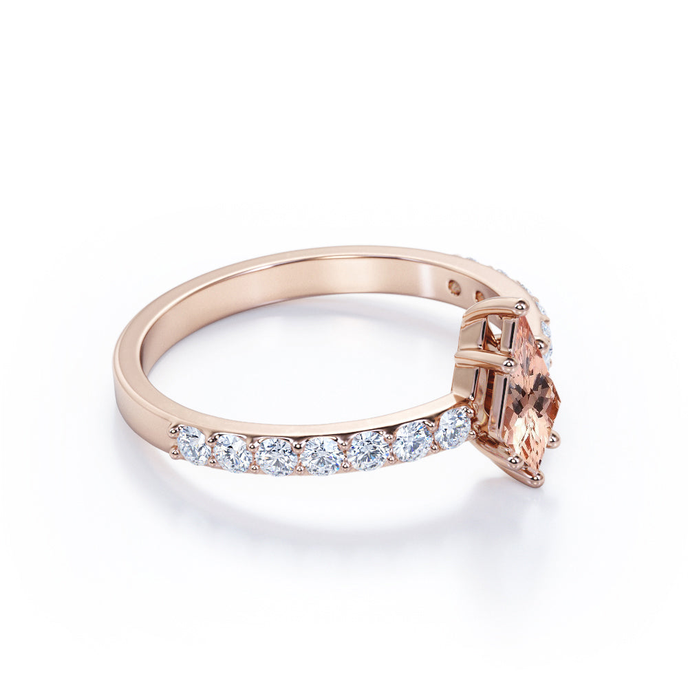 Modern Pave 1.25 carat Kite shaped Pink Morganite and diamond prong style promise ring in Rose gold