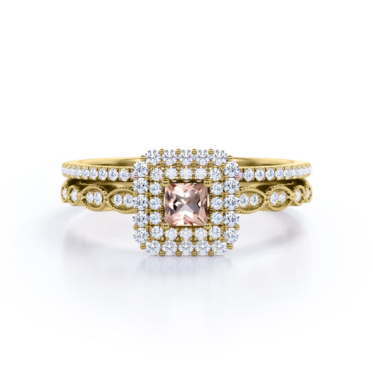 Intricate Double Halo 1.5 carat Princess cut Morganite and diamond Milgrain pave engagement ring set for women in yellow gold