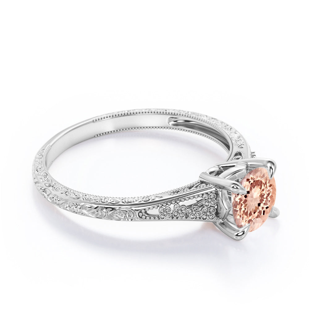 Filigree Split Shank 1 carat Round cut Pink Morganite nature inspired engagement ring in White gold