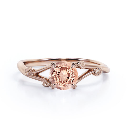 Vine and Leaf Shank 1 carat Round cut Morganite vintage earthy engagement ring in Rose gold