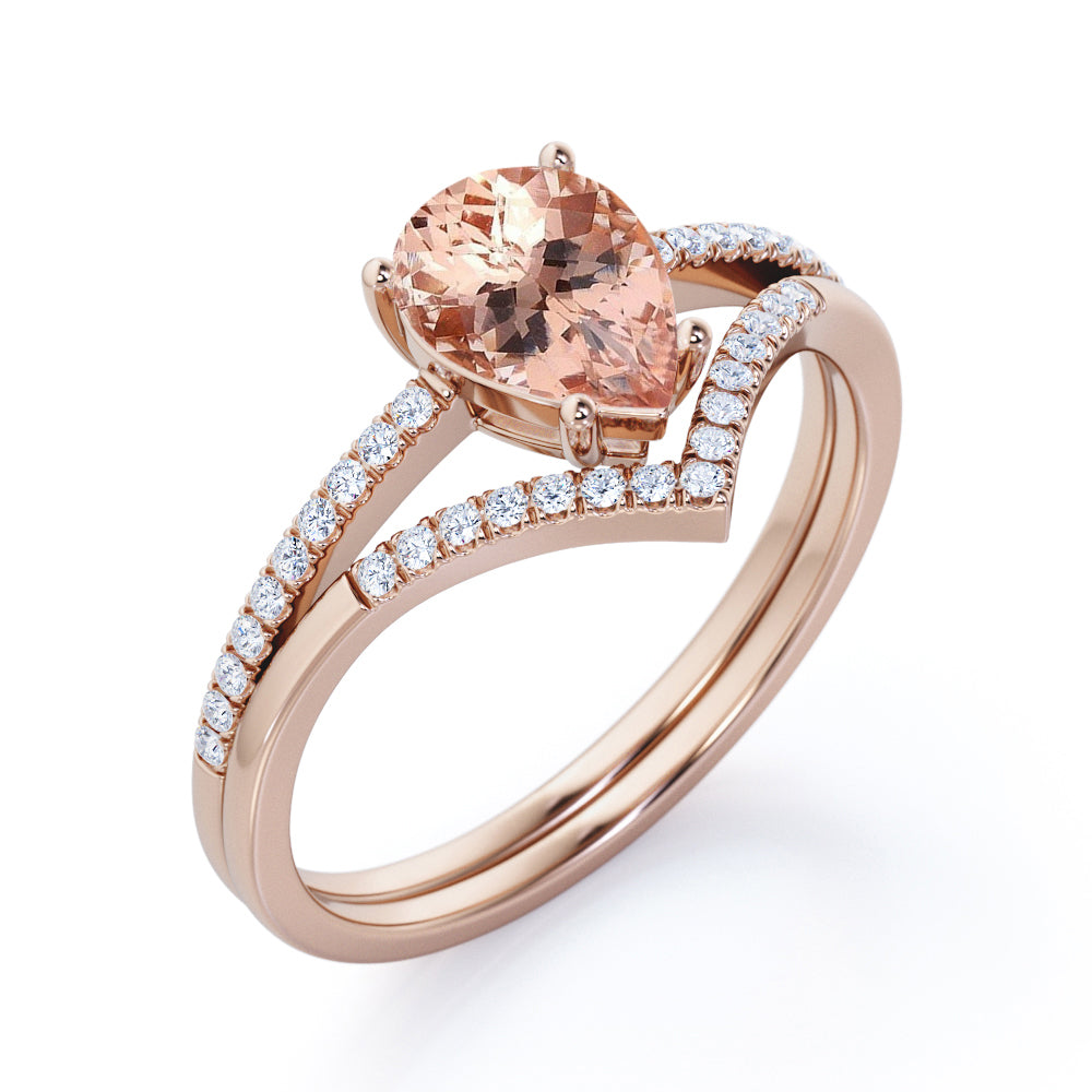 Perfect Chevron 1.5 carat Pear Shaped Morganite and diamond wedding ring set for women in Rose gold