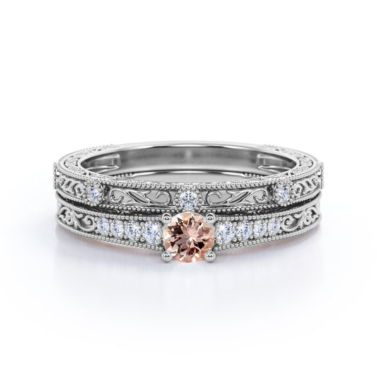 Antique Edwardian Décor 0.65 carat Round cut Peach pink Morganite and Diamond filigree and milgrain wedding ring set in White gold
