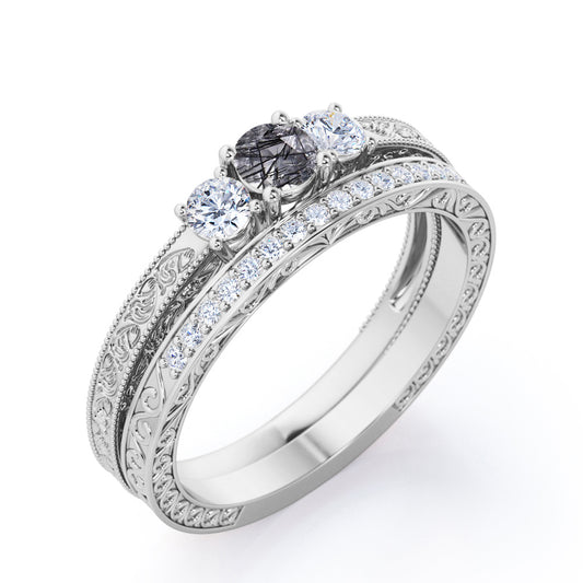 Exquisite trilogy 1.25 carat Round cut Rutilated quartz and diamond Filigree bead-décor Vintage wedding ring set for women in White gold