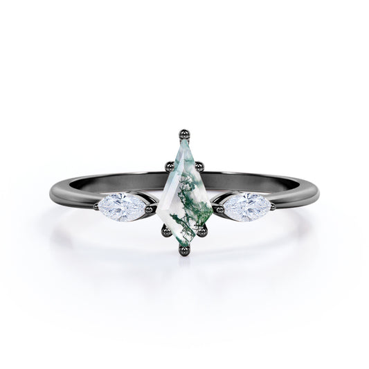 Modern Trinity 1.15 carat Kite shaped Moss Green Agate and marquise diamond tapered shank engagement ring in Black gold