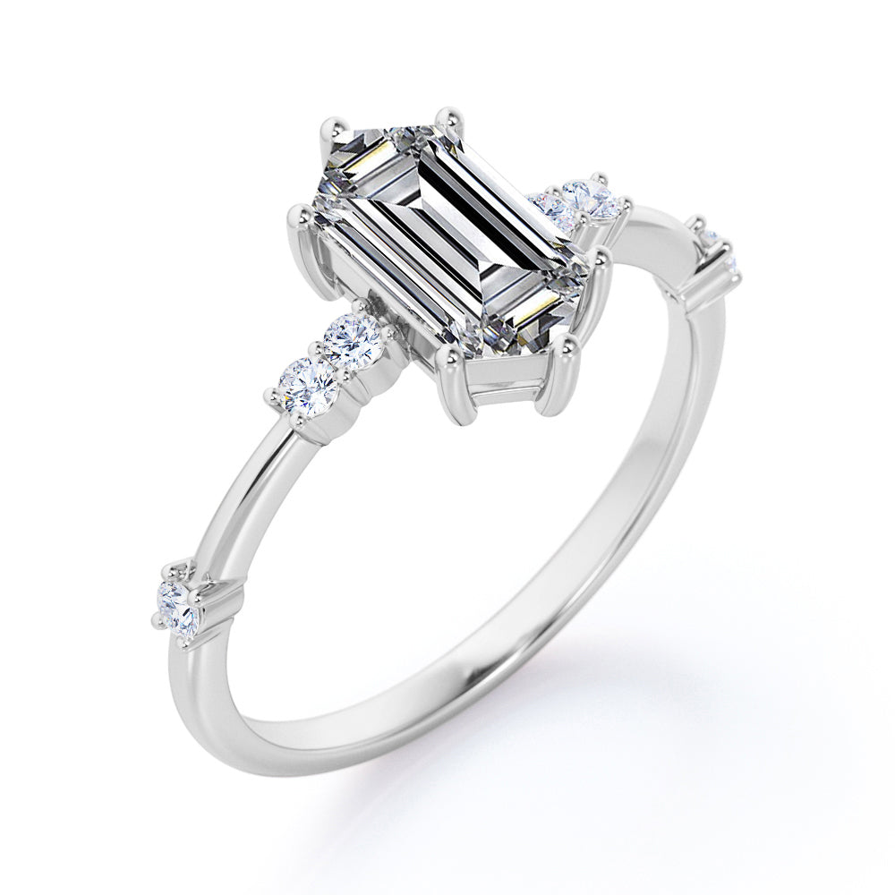 Quadrialteral 6 prong 1 carat Hexagon cut Moissanite and diamonds classic engagement ring in White gold