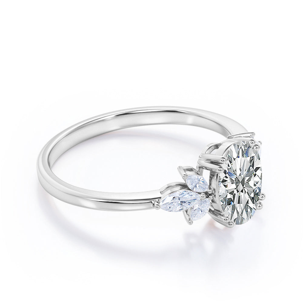 Double Prong setting 1.1 carat Oval cut Moissanite and marquise diamonds tapered engagement ring in White gold