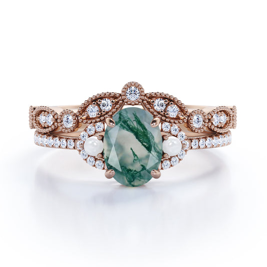 Victorian style Milgrain 1.55 carat Oval cut Moss Green Agate, diamond and pearl art nouveau Bridal set for women in Rose gold