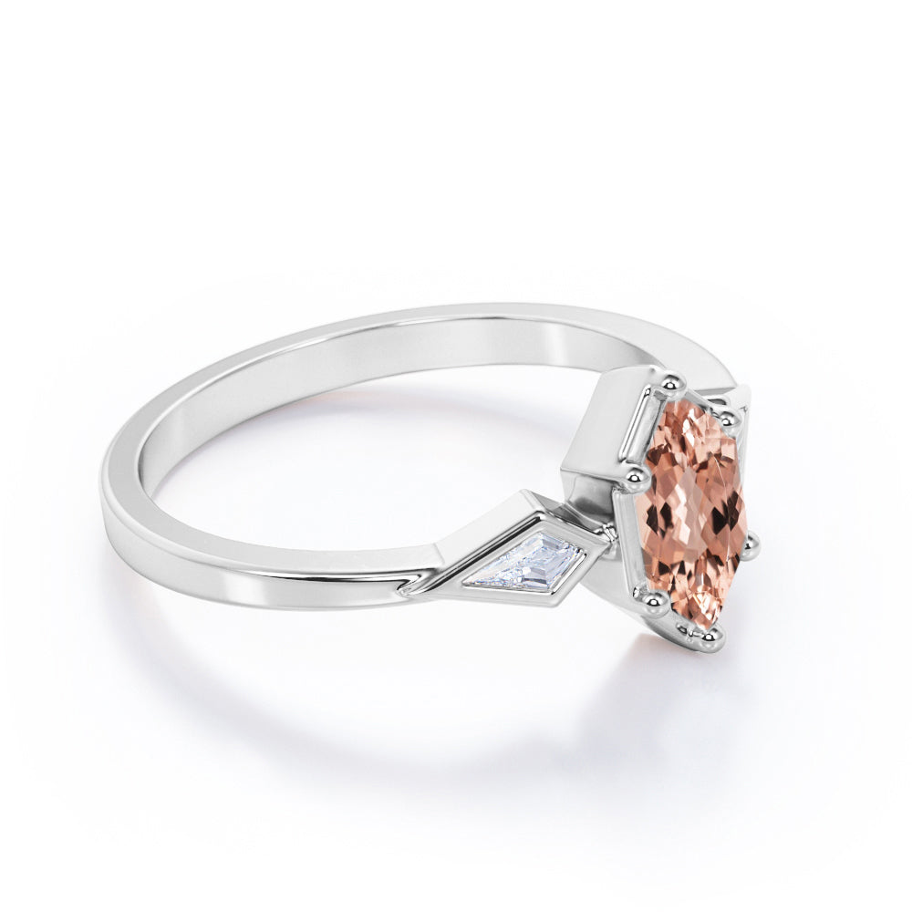 Intricate three stone 1.1 carat Hexagon shaped Morganite and kite diamond engagement ring in White gold