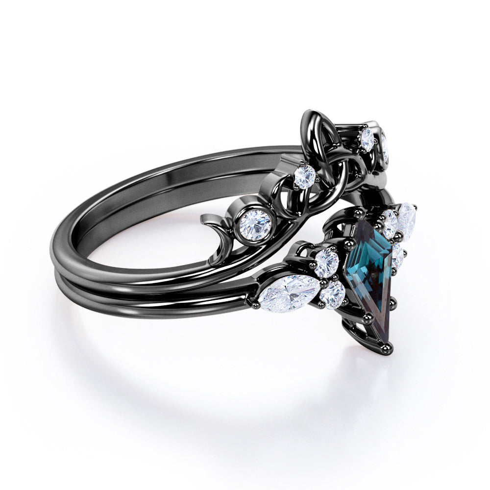 Triad Crown 1.25 carat Kite shaped Lab created Alexandrite and diamond 6 prong wedding ring set for women in Black gold