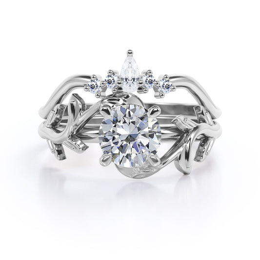 Chevron crown 1.15 carat Round cut Moissanite and diamond nature inspired wedding ring set in White gold