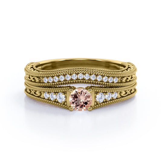 Contoured Milgrain 0.75 carat Round cut Peach Morganite and diamond floral filigree Bridal set for women in Yellow gold