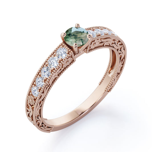 Artistic Milgrain 0.75 carat Round cut Moss Agate and diamond cathedral setting engagement ring in Rose gold