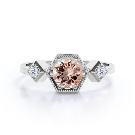 Classic Trinity 1.1 carat Round cut Peach pink Morganite and diamond petite milgrain engagement ring in White gold