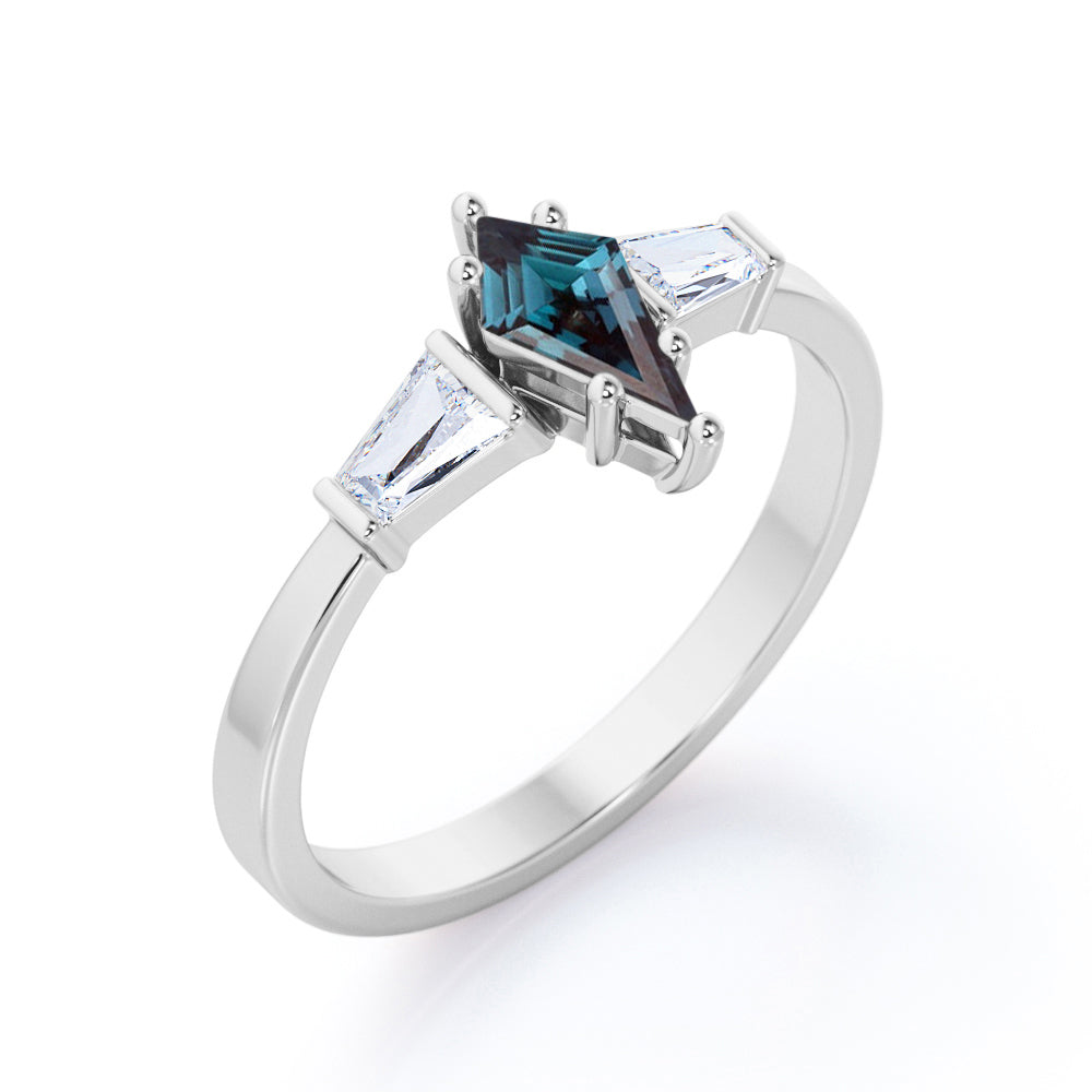 Baguette style 1.1 carat Kite shaped Alexandrite and diamond unique three stone engagement ring in White gold