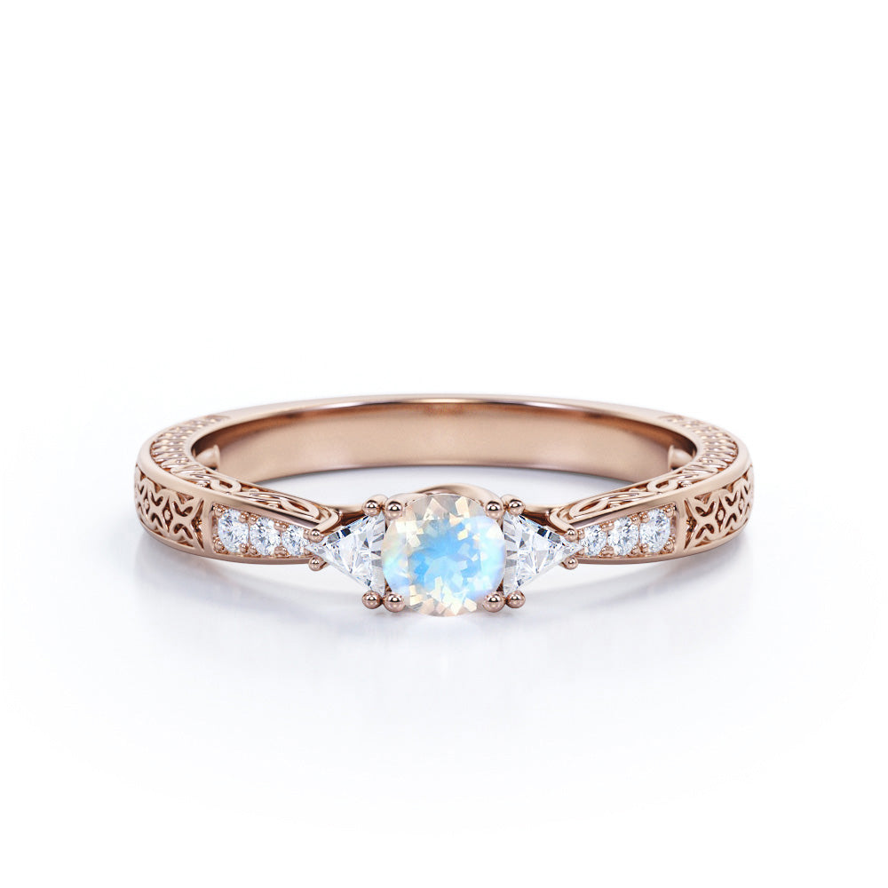 Vintage Filigree 1.15 carat Round cut Moonstone and diamond trillion cut engagement ring for women in Rose gold
