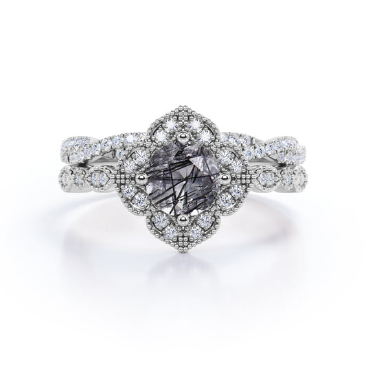 Magnificent 1.75 carat round cut Black Rutilated quartz and diamond Engraved Milgrain Bridal set  for women-infinity wedding ring set