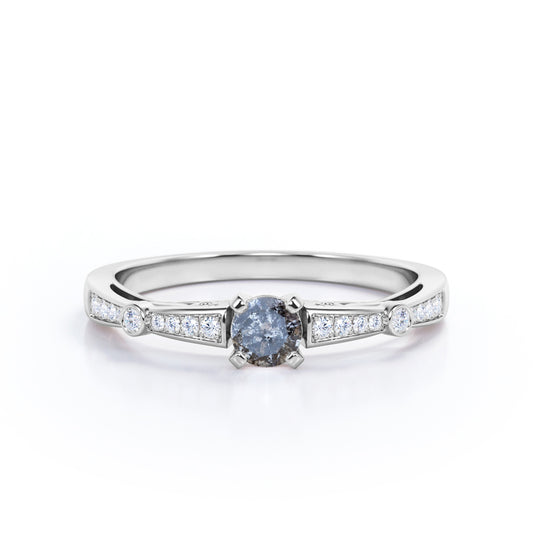 Baguette bands 0.65 carat Round cut Salt and pepper diamond and White diamond tapered style engagement ring in White gold