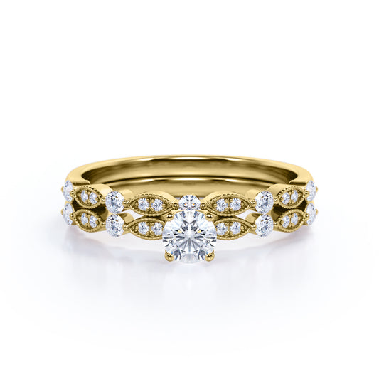 Antique art deco inspired 1 carat Round cut Moissanite and diamond marquise and dot Bridal set for women in Yellow gold