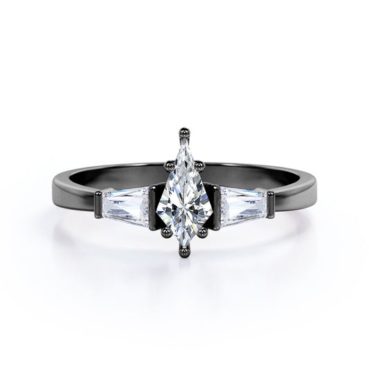 Eccentric 1.2 carat Kite shaped Moissanite and diamond art deco baguette engagement ring in Black gold