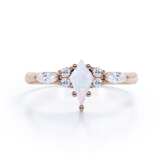 Classic 7 stone 1.2 carat Kite Shape Opal and diamond 6 prong marquise setting engagement ring in Rose gold