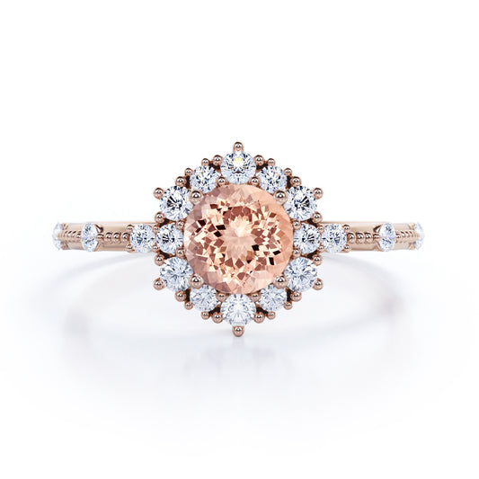 Flower Inspired 1.5 carat Round cut Morganite and diamond unique halo milgrain engagement ring in Rose gold