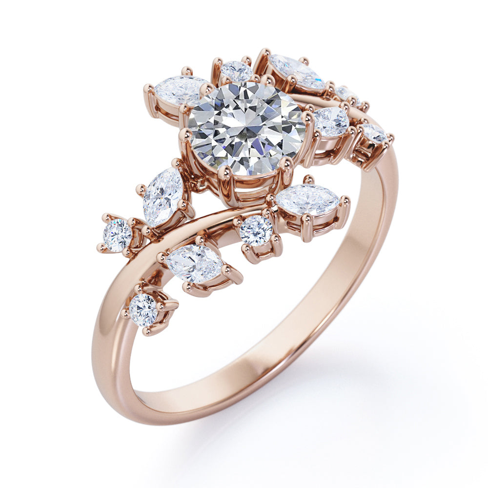 Art nouveau style 1.25 carat Round cut Moissanite and diamond floral engagement ring in Rose gold