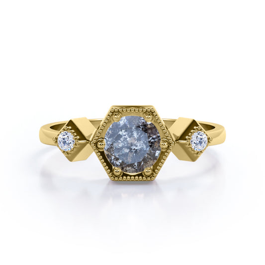 Trio Bezel 0.6 carat Round cut Salt and pepper diamond and White diamond milgrain halo engagement ring in yellow gold