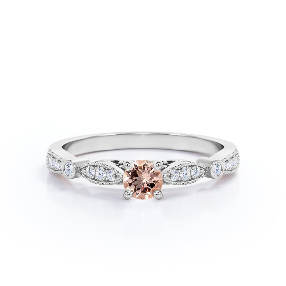 Timeless 0.75 carat Round cut Peach pink Morganite and diamond pinched shank engagement ring in White gold